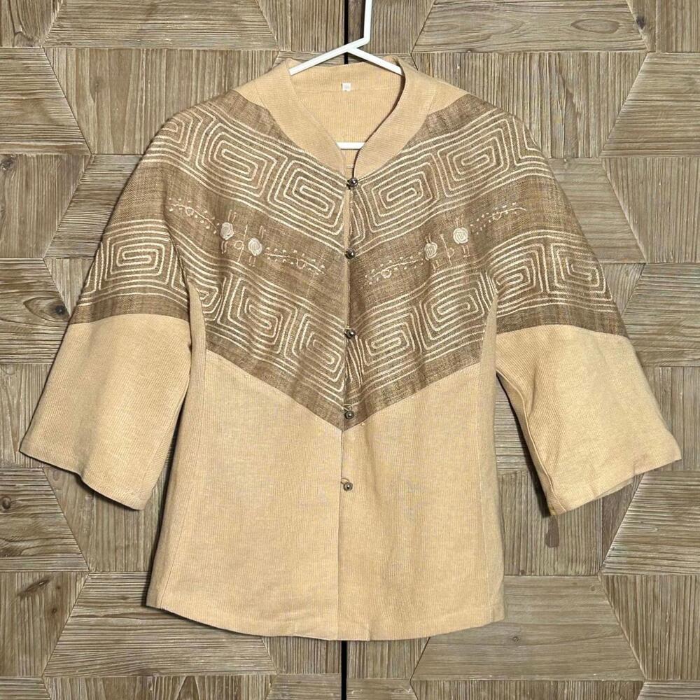 Women's Beige Embroidered Boho Linen Top Tunic Size M/L Lagenlook